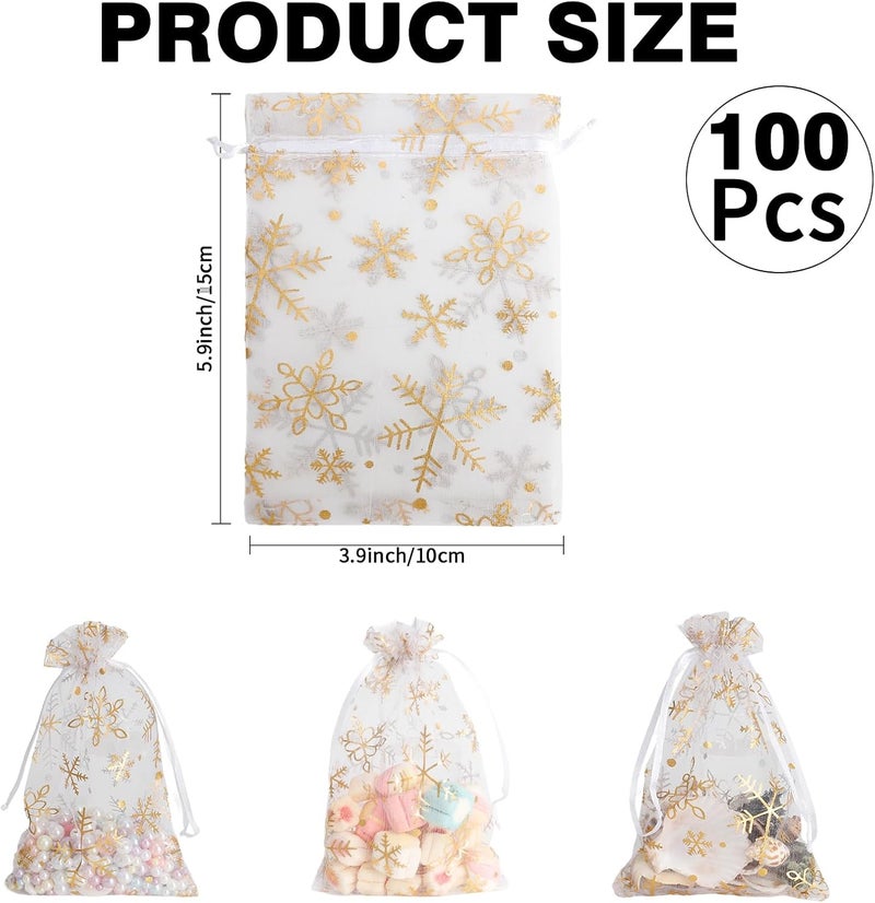 BOEIAC Snowflake Organza Bags, 100 PCS Christmas Sheer Organza Bags with Drawstring 4 x 6 inch, Jewelry Gift Bag, Gold Small Mesh Goodies Xmas Wedding Favor Mini Candy Pouches Bag for Christmas Party Favors - Image 2